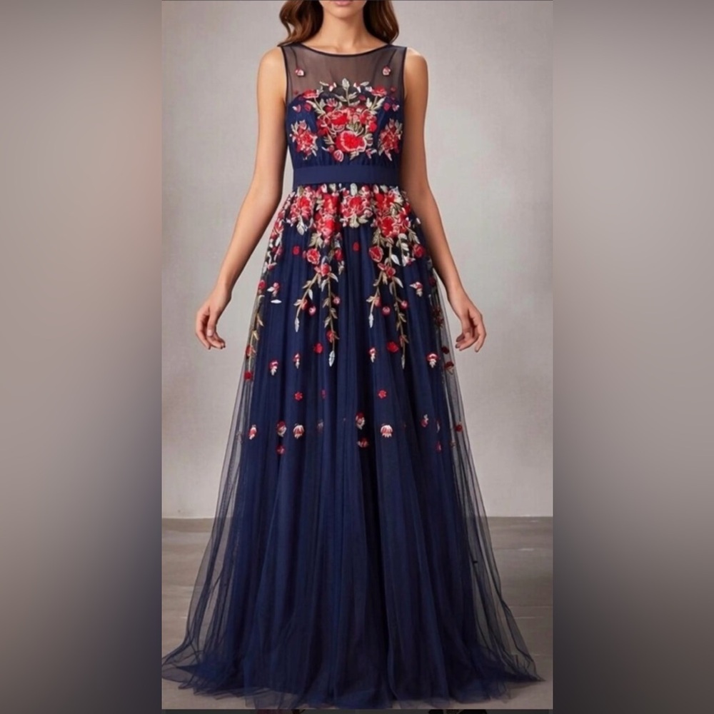 🦋Minuet Navy Floral Embroidered Tulle Mesh Maxi A-line Sleeveless Dress NWT LG